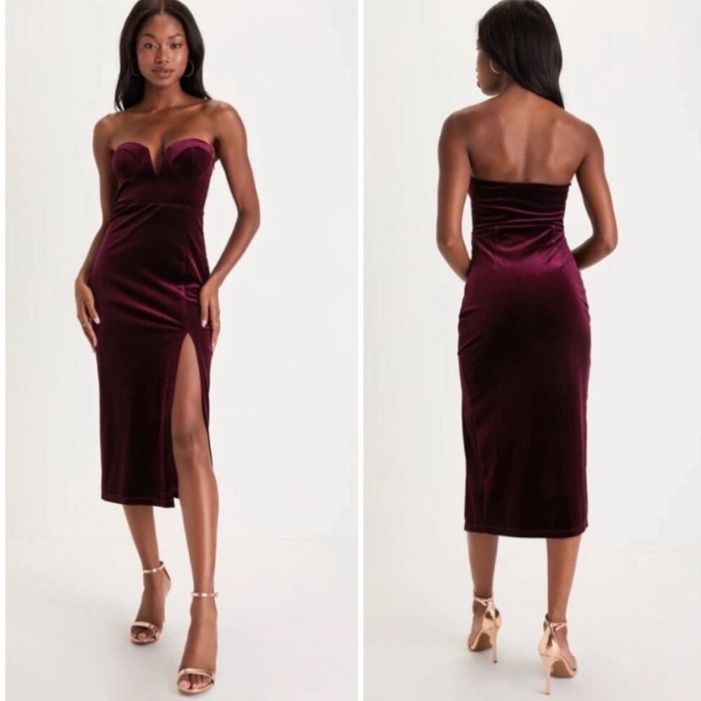 NEW Lulus Sultry Elegance Plum Purple Velvet Bustier Bodycon Midi Dress Small